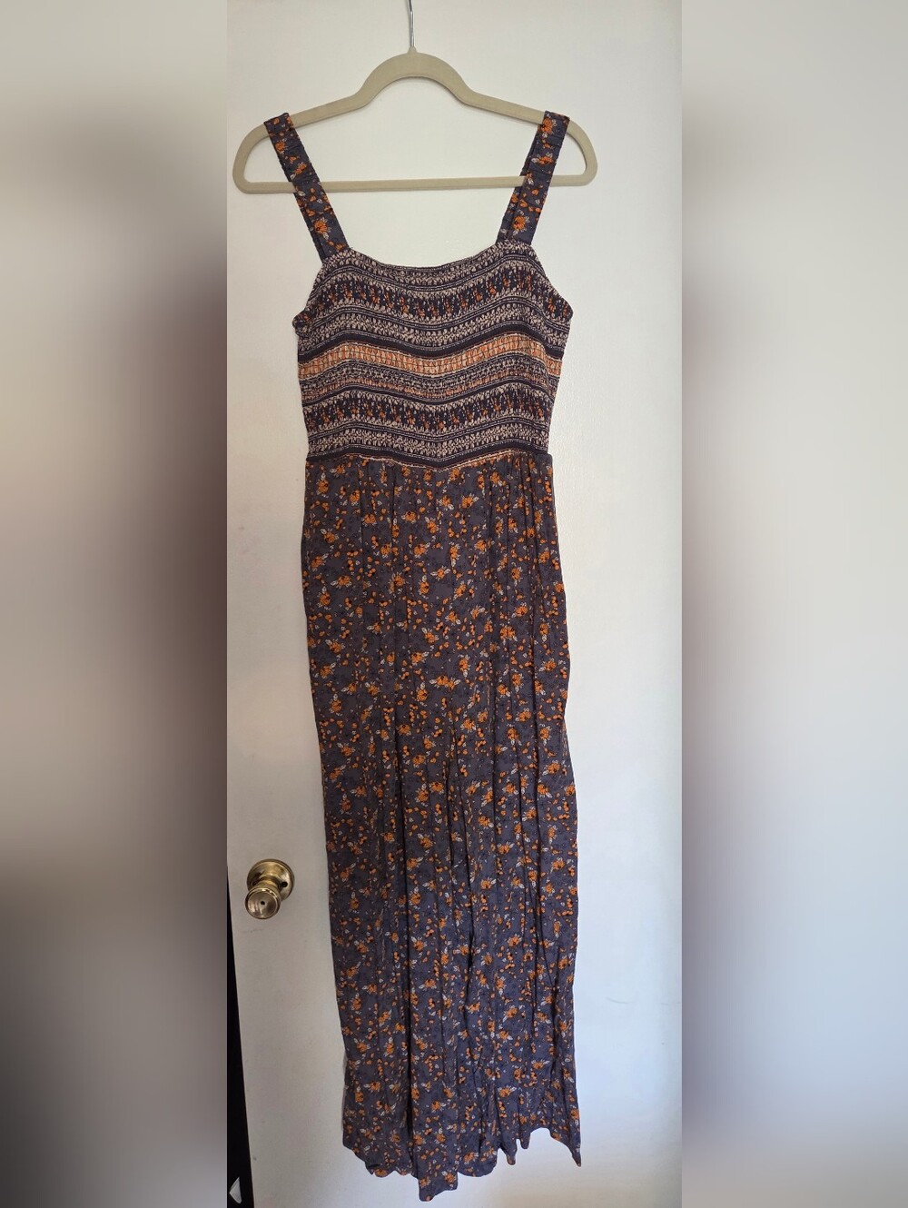 Boho Strapless Jumpsuit in Charcoal with Mustard Floral Print